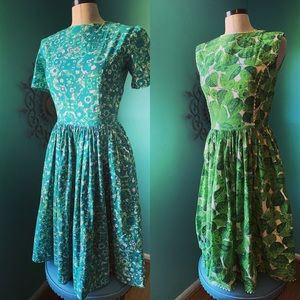 Vintage 1950s Green Leaves Sleeveless Dress Sz Sm